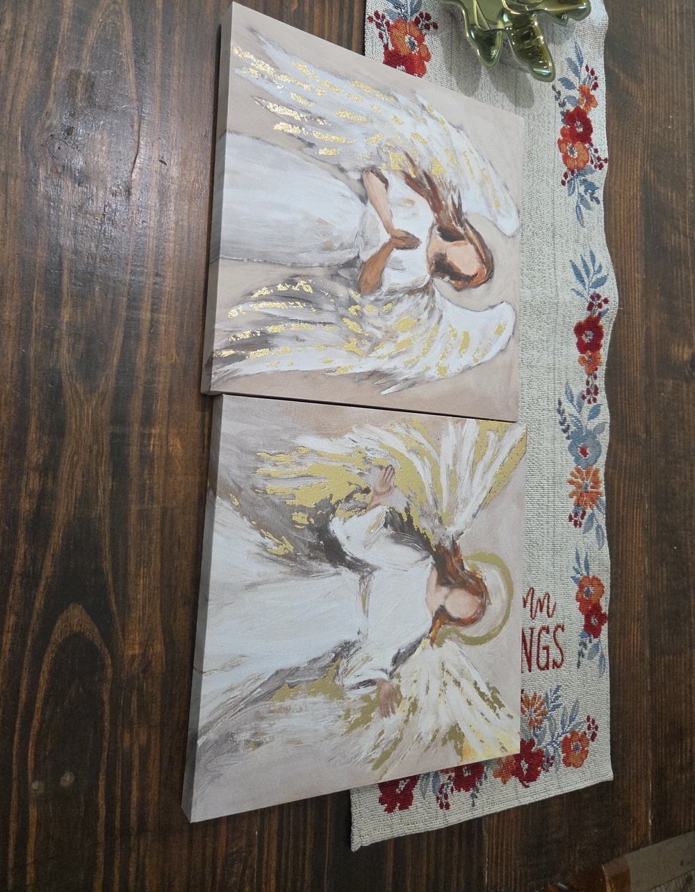 Set of 2 Beige and Gold Angel Wall Art Canvases